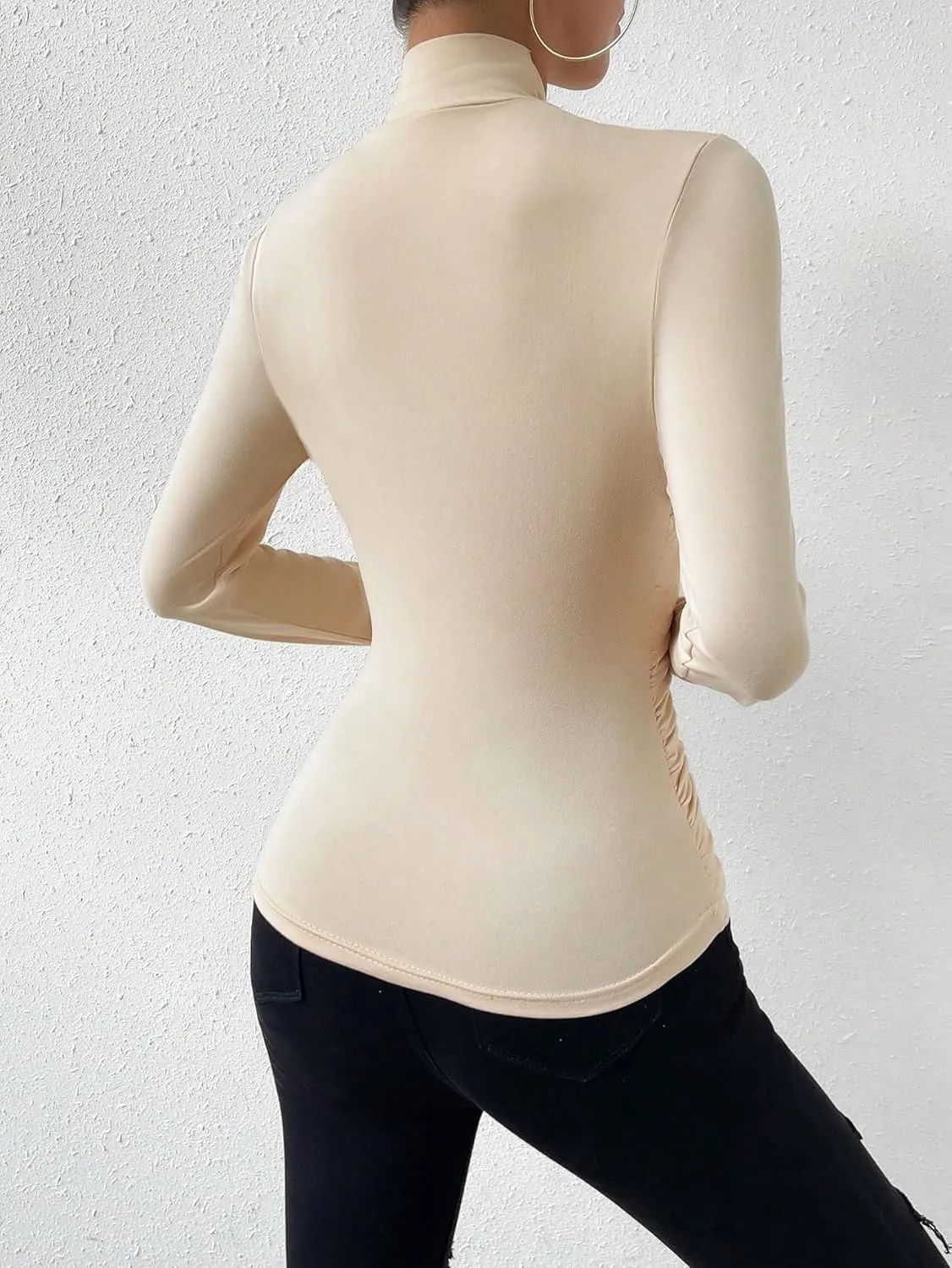 SweatyRocks Women's Ruched Mock Neck Long Sleeve T Shirt Solid Slim Fitted Tee Tops