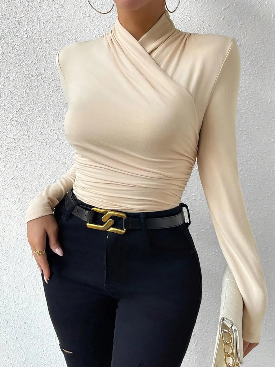 SweatyRocks Women's Ruched Mock Neck Long Sleeve T Shirt Solid Slim Fitted Tee Tops