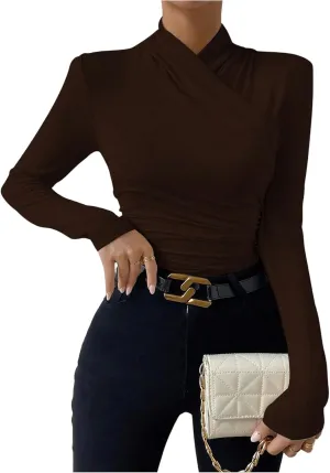 SweatyRocks Women's Ruched Mock Neck Long Sleeve T Shirt Solid Slim Fitted Tee Tops