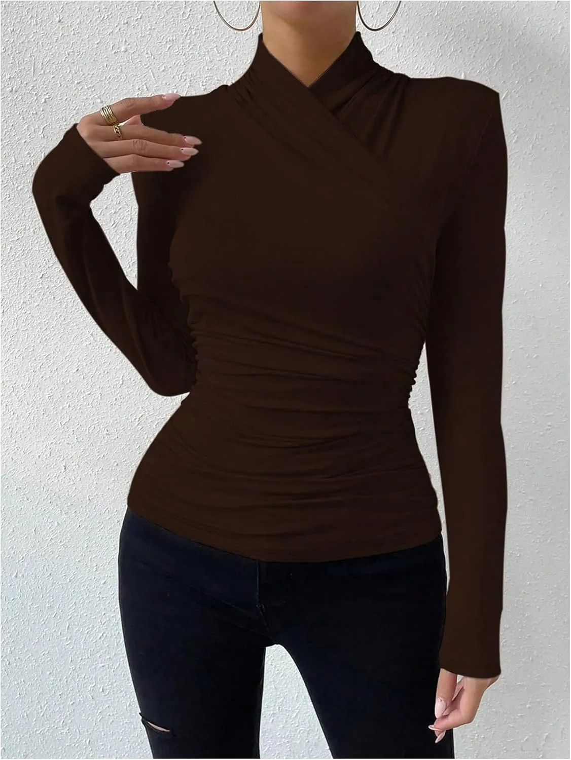SweatyRocks Women's Ruched Mock Neck Long Sleeve T Shirt Solid Slim Fitted Tee Tops