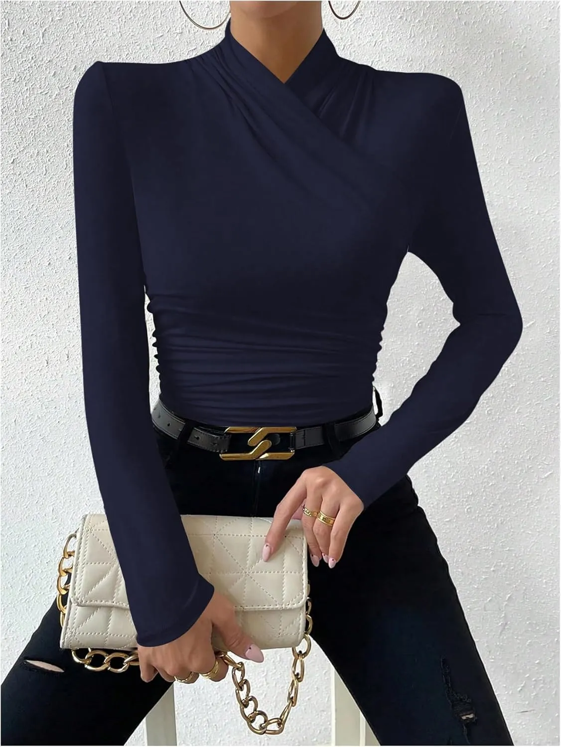 SweatyRocks Women's Ruched Mock Neck Long Sleeve T Shirt Solid Slim Fitted Tee Tops