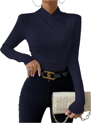 SweatyRocks Women's Ruched Mock Neck Long Sleeve T Shirt Solid Slim Fitted Tee Tops
