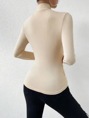 SweatyRocks Women's Ruched Mock Neck Long Sleeve T Shirt Solid Slim Fitted Tee Tops