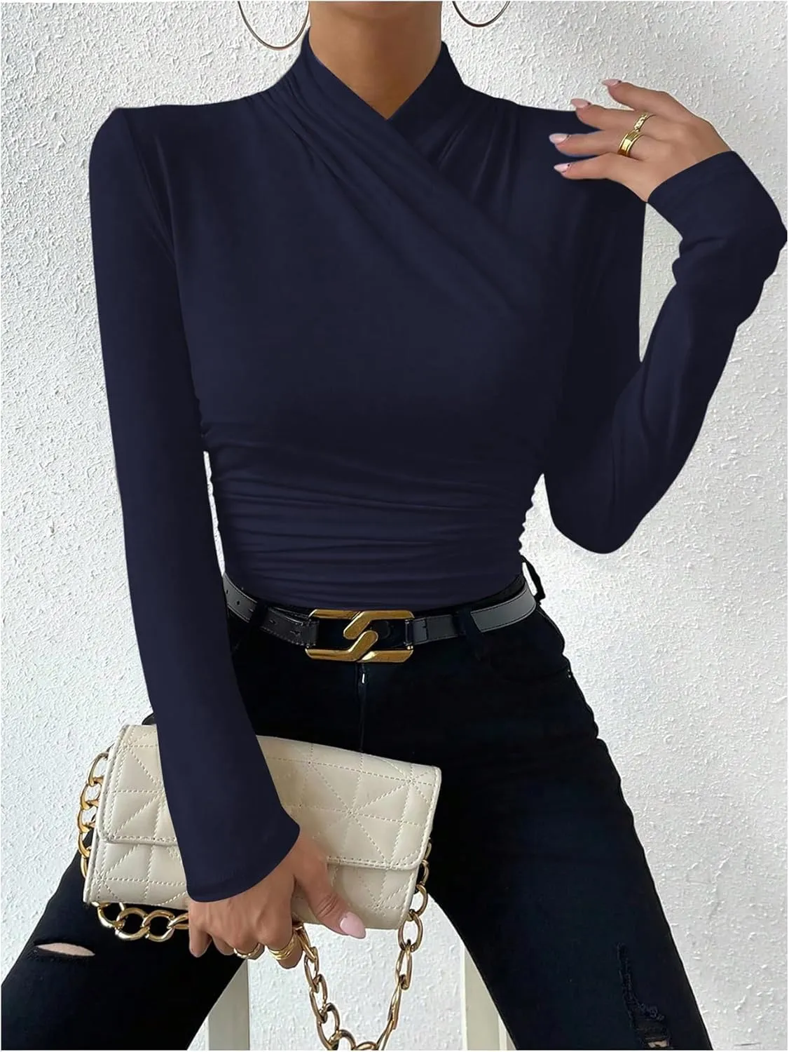 SweatyRocks Women's Ruched Mock Neck Long Sleeve T Shirt Solid Slim Fitted Tee Tops