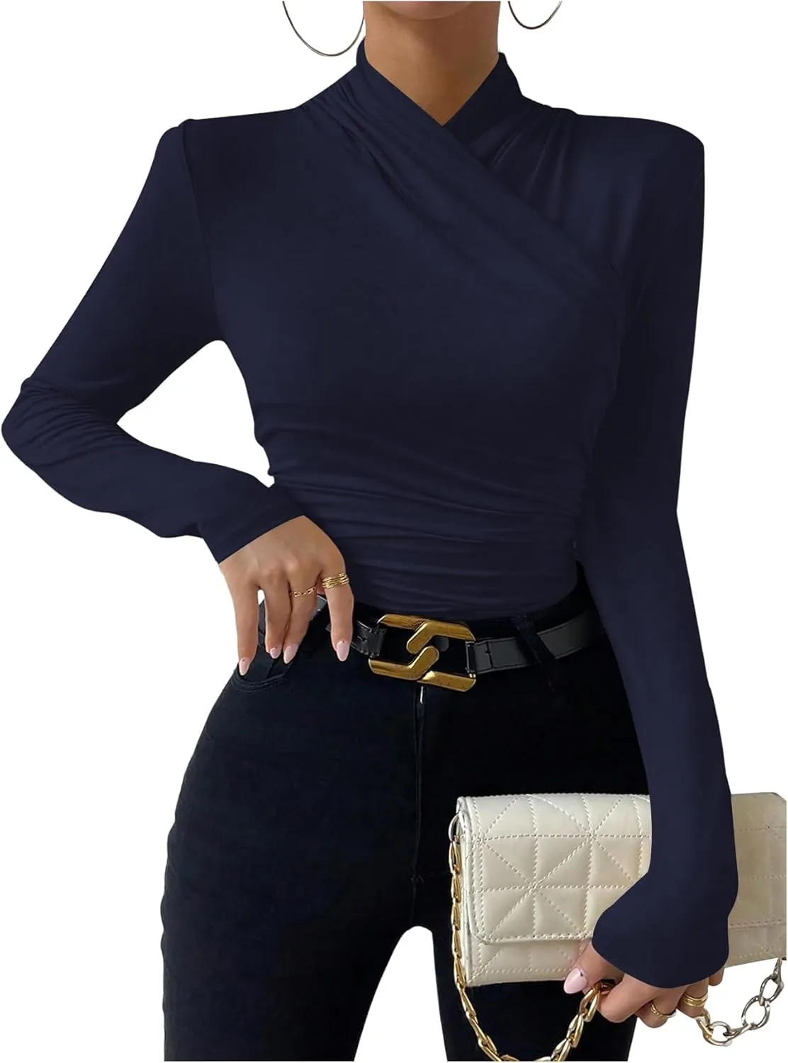 SweatyRocks Women's Ruched Mock Neck Long Sleeve T Shirt Solid Slim Fitted Tee Tops