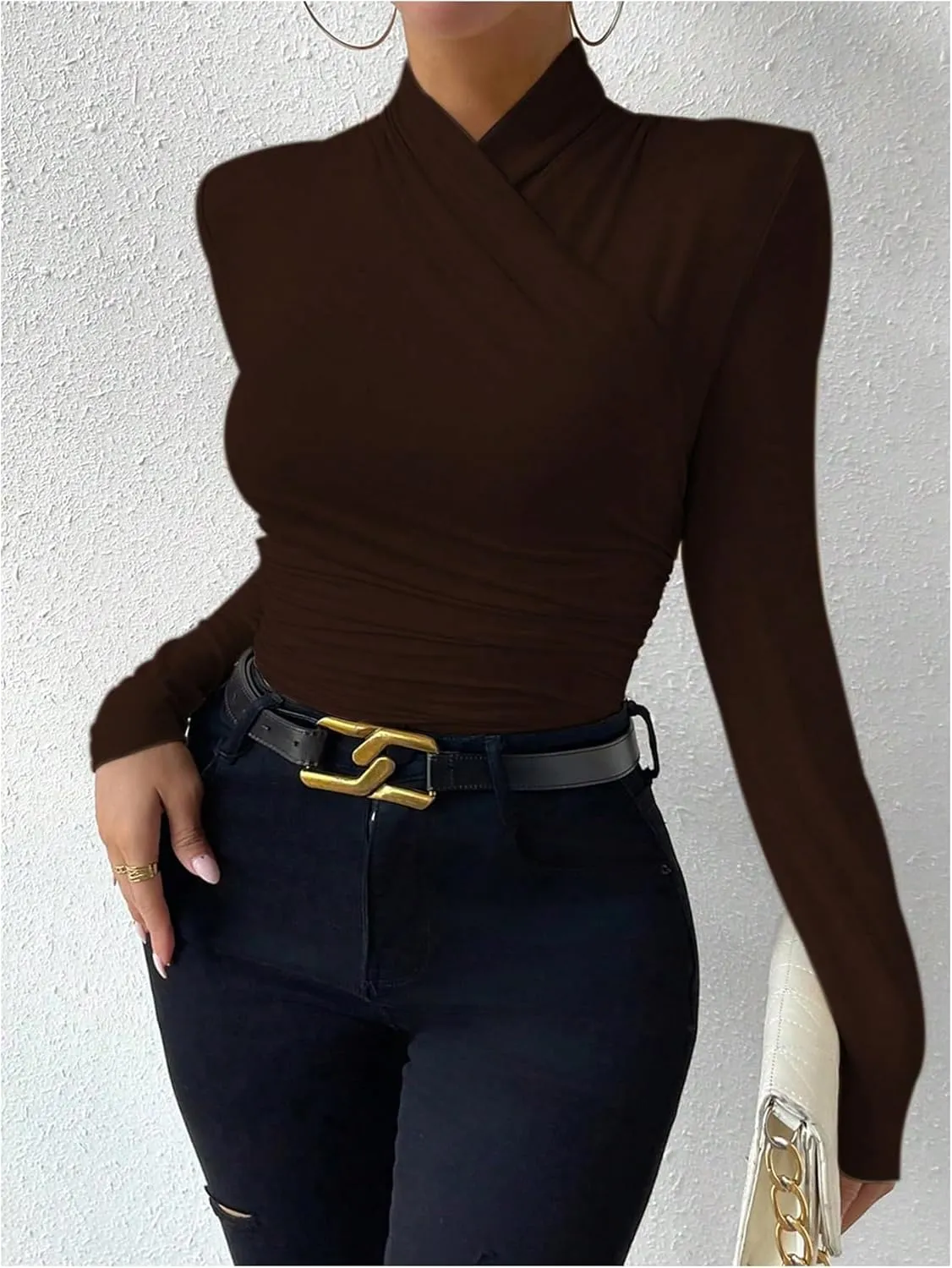 SweatyRocks Women's Ruched Mock Neck Long Sleeve T Shirt Solid Slim Fitted Tee Tops