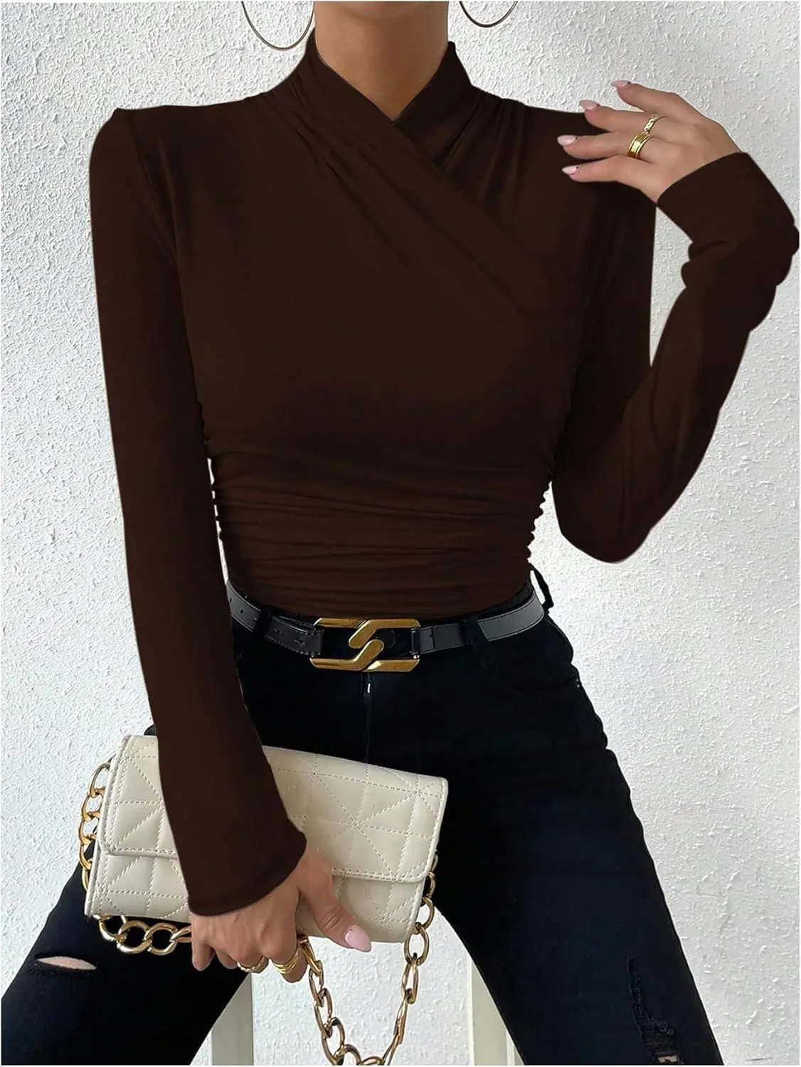 SweatyRocks Women's Ruched Mock Neck Long Sleeve T Shirt Solid Slim Fitted Tee Tops