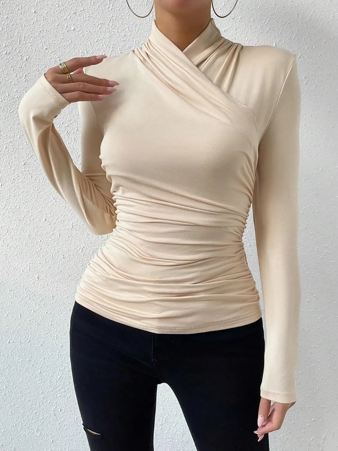SweatyRocks Women's Ruched Mock Neck Long Sleeve T Shirt Solid Slim Fitted Tee Tops