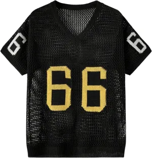 Verdusa Men's Jersey Shirt Letter Graphic Sweaters Hollow Out Knit Tops Vintage Short Sleeve Pullovers Top