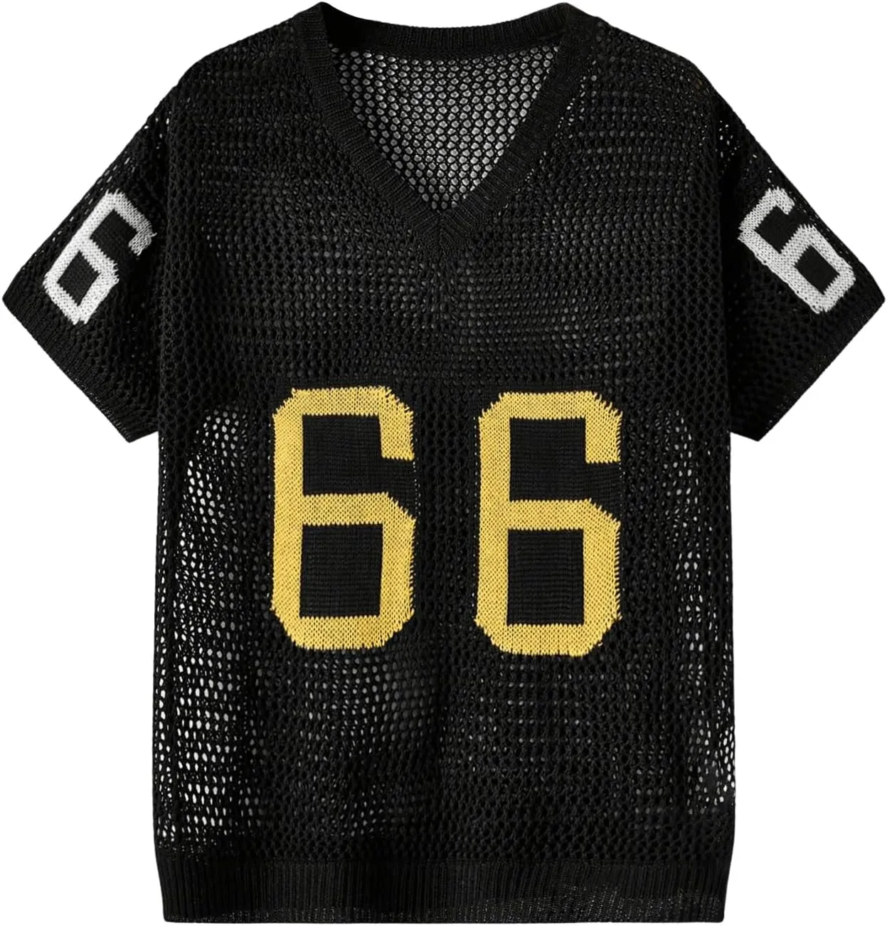 Verdusa Men's Jersey Shirt Letter Graphic Sweaters Hollow Out Knit Tops Vintage Short Sleeve Pullovers Top