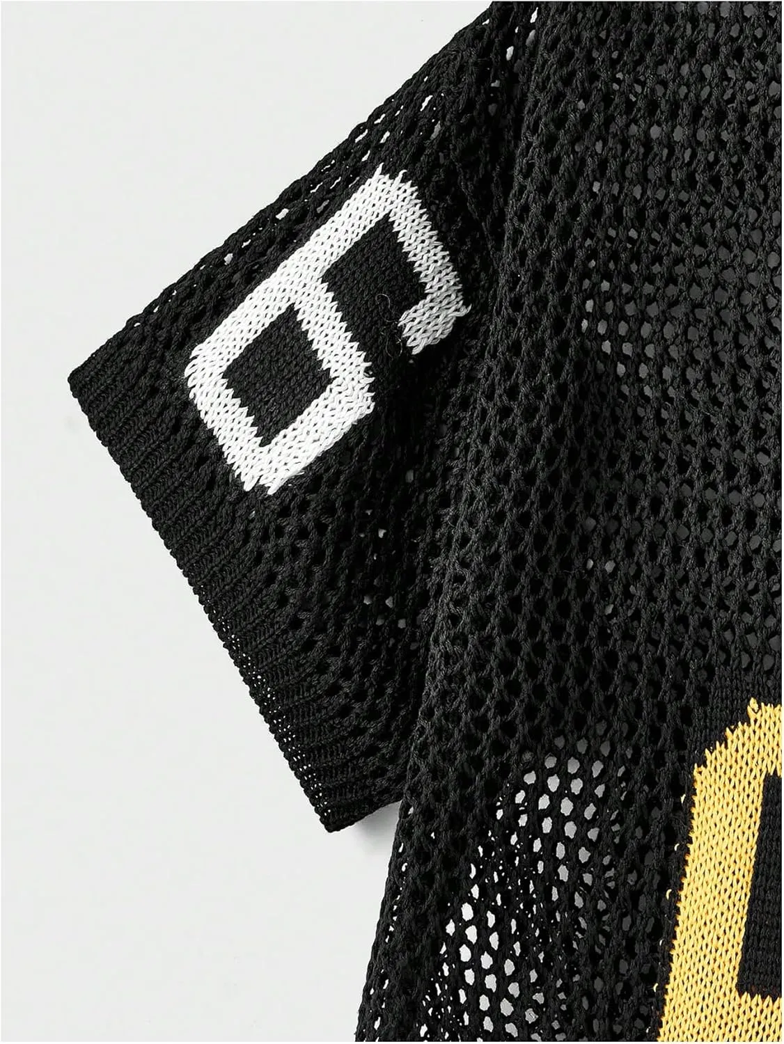 Verdusa Men's Jersey Shirt Letter Graphic Sweaters Hollow Out Knit Tops Vintage Short Sleeve Pullovers Top