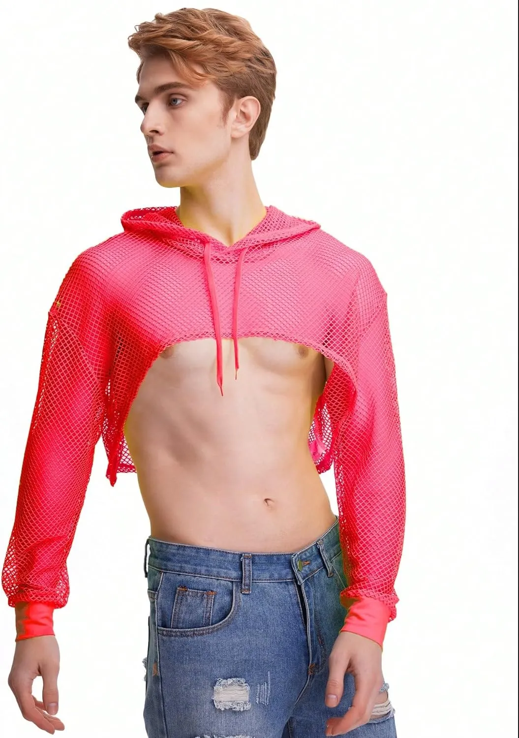 WDIRARA Men's Drawstring Fishnet Mesh Long Sleeve Hoodie Crop Top Pullovers