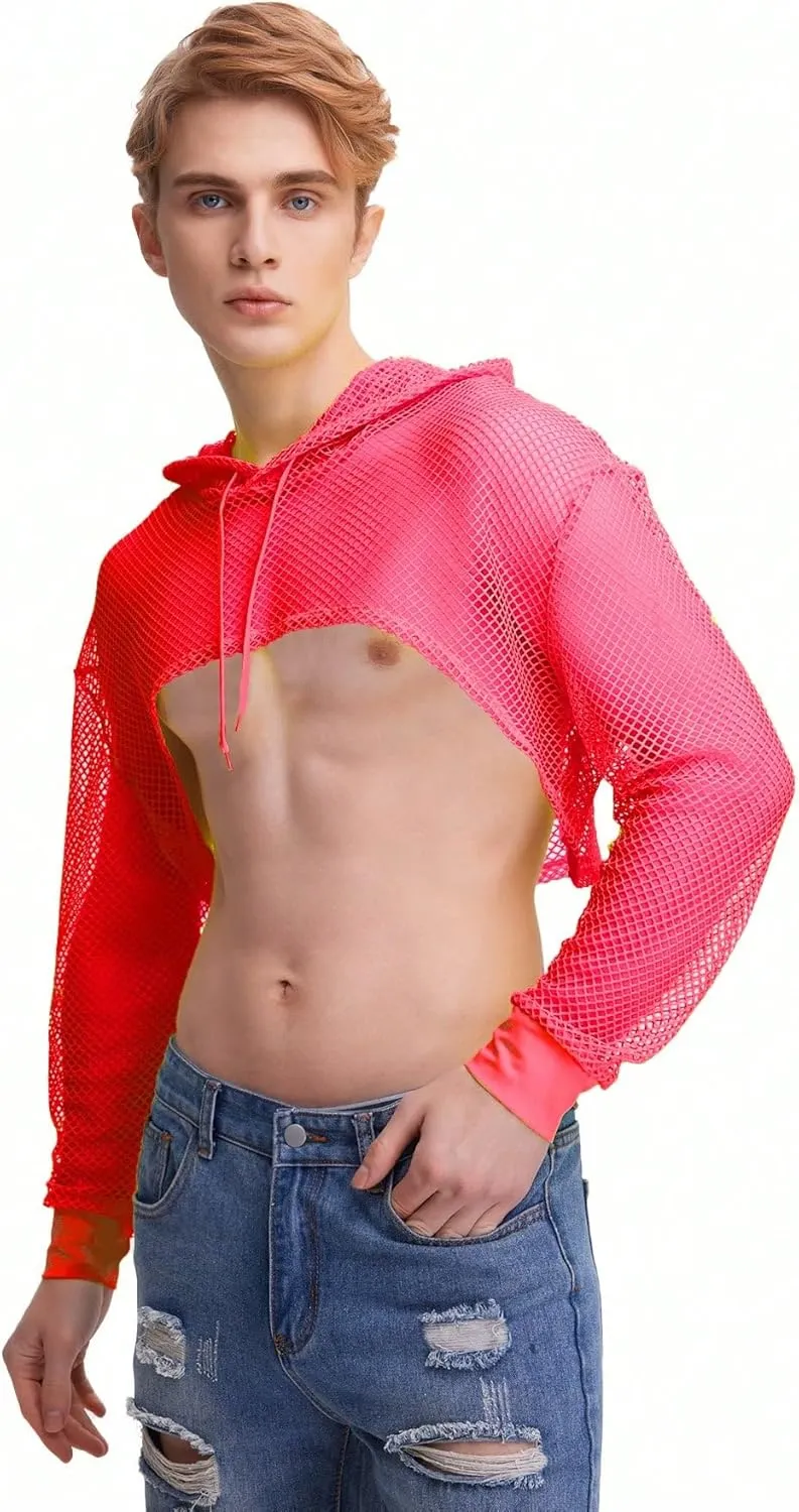 WDIRARA Men's Drawstring Fishnet Mesh Long Sleeve Hoodie Crop Top Pullovers