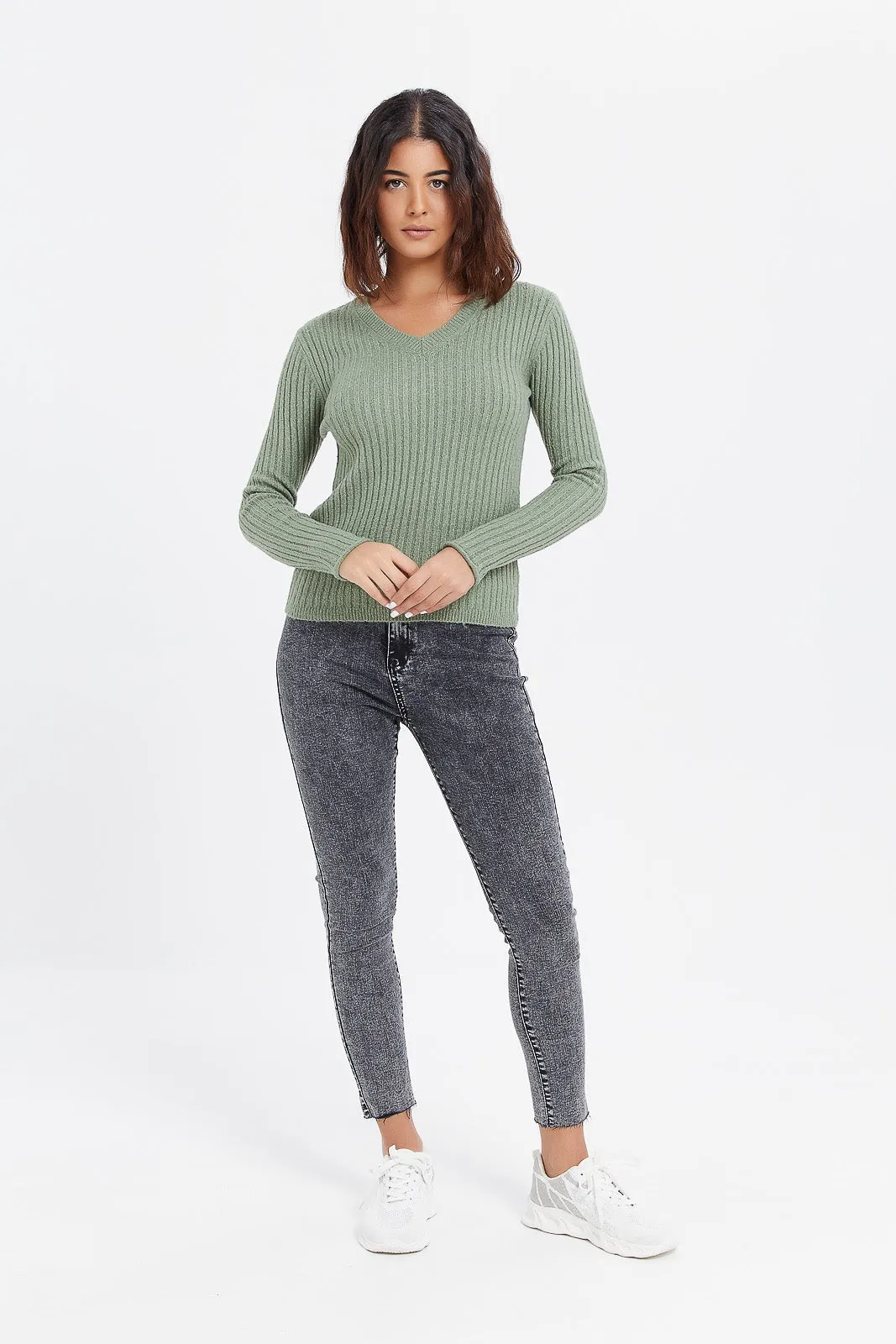 Women Green V Neck Pullover