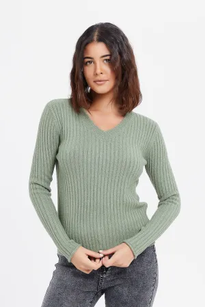 Women Green V Neck Pullover