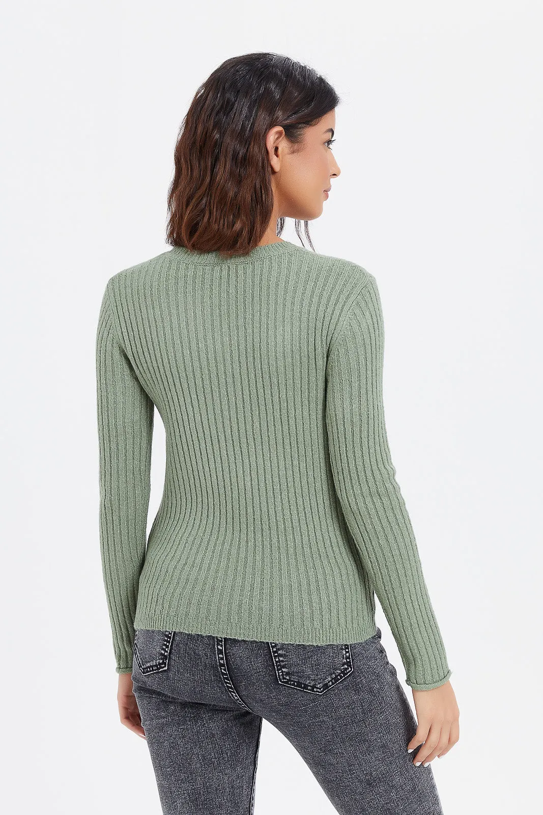 Women Green V Neck Pullover