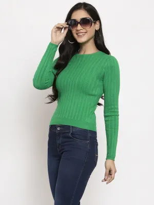 Women Rama Green Solid Round Neck Pullover