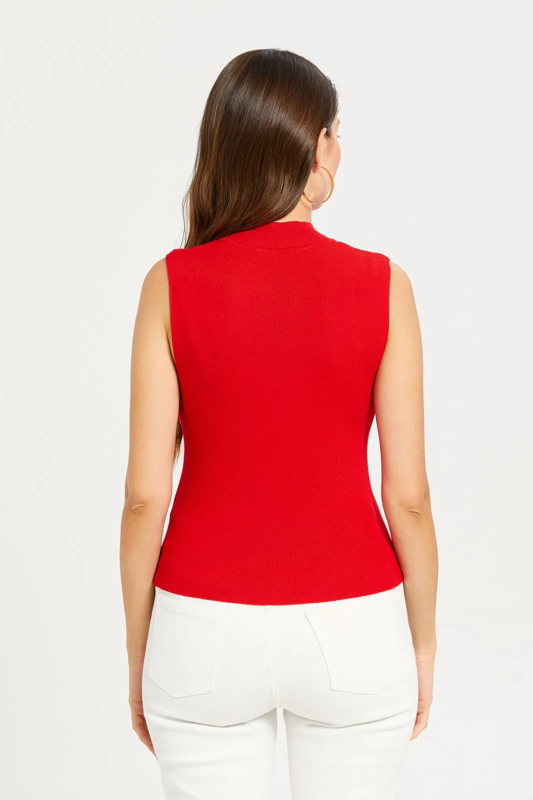 Women Red High Neck Sleeveless Pullover
