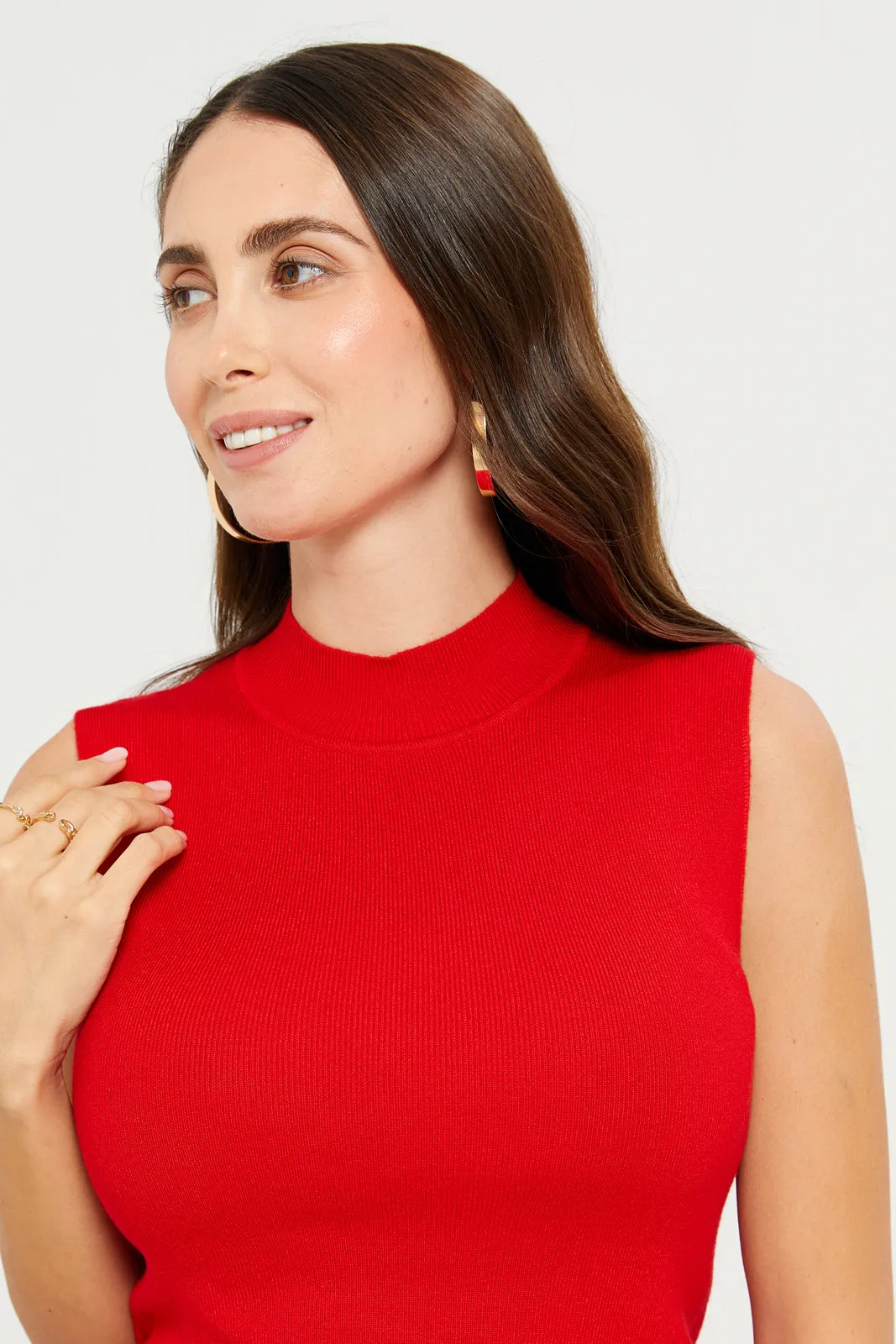 Women Red High Neck Sleeveless Pullover