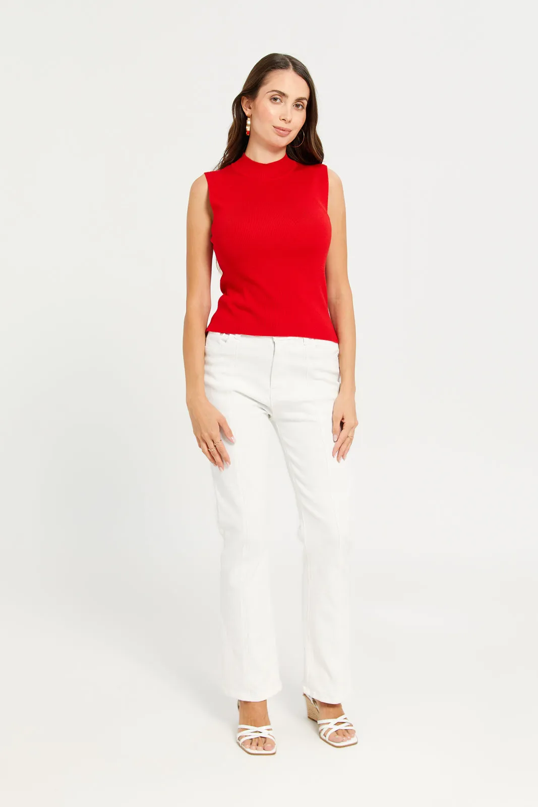 Women Red High Neck Sleeveless Pullover