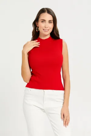 Women Red High Neck Sleeveless Pullover