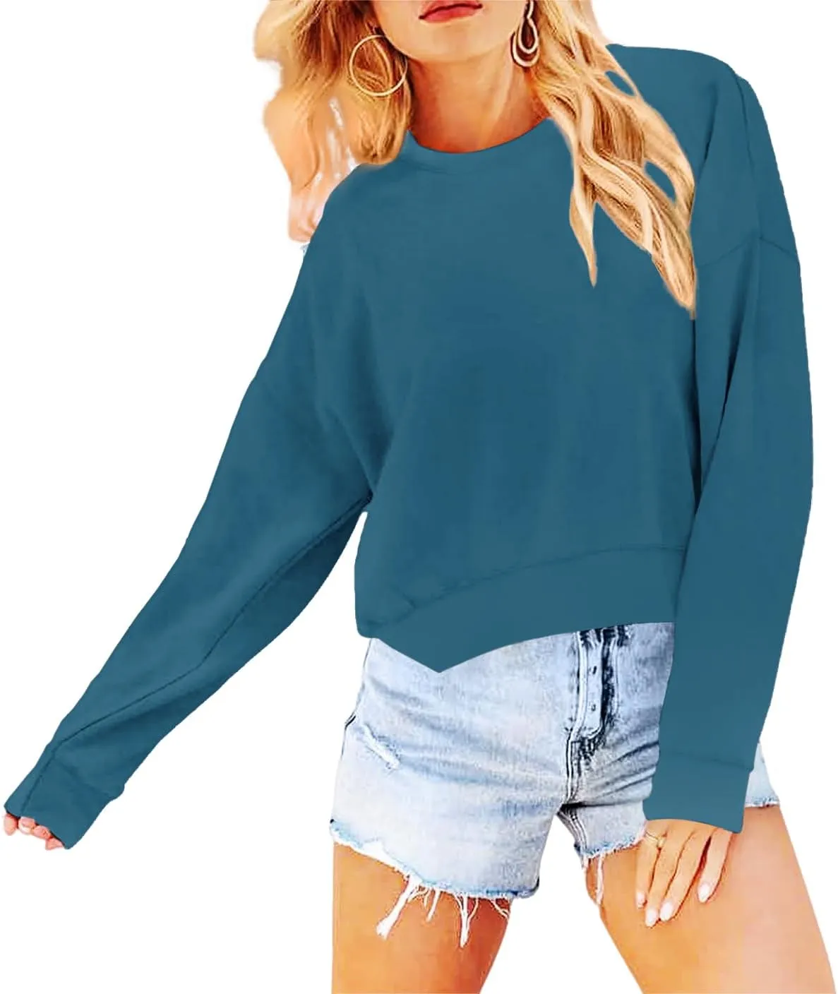 Women's Long Sleeve Round Neck Cropped Sweatshirts Cute Loose Fit Pullover Tops
