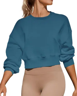Women's Long Sleeve Round Neck Cropped Sweatshirts Cute Loose Fit Pullover Tops
