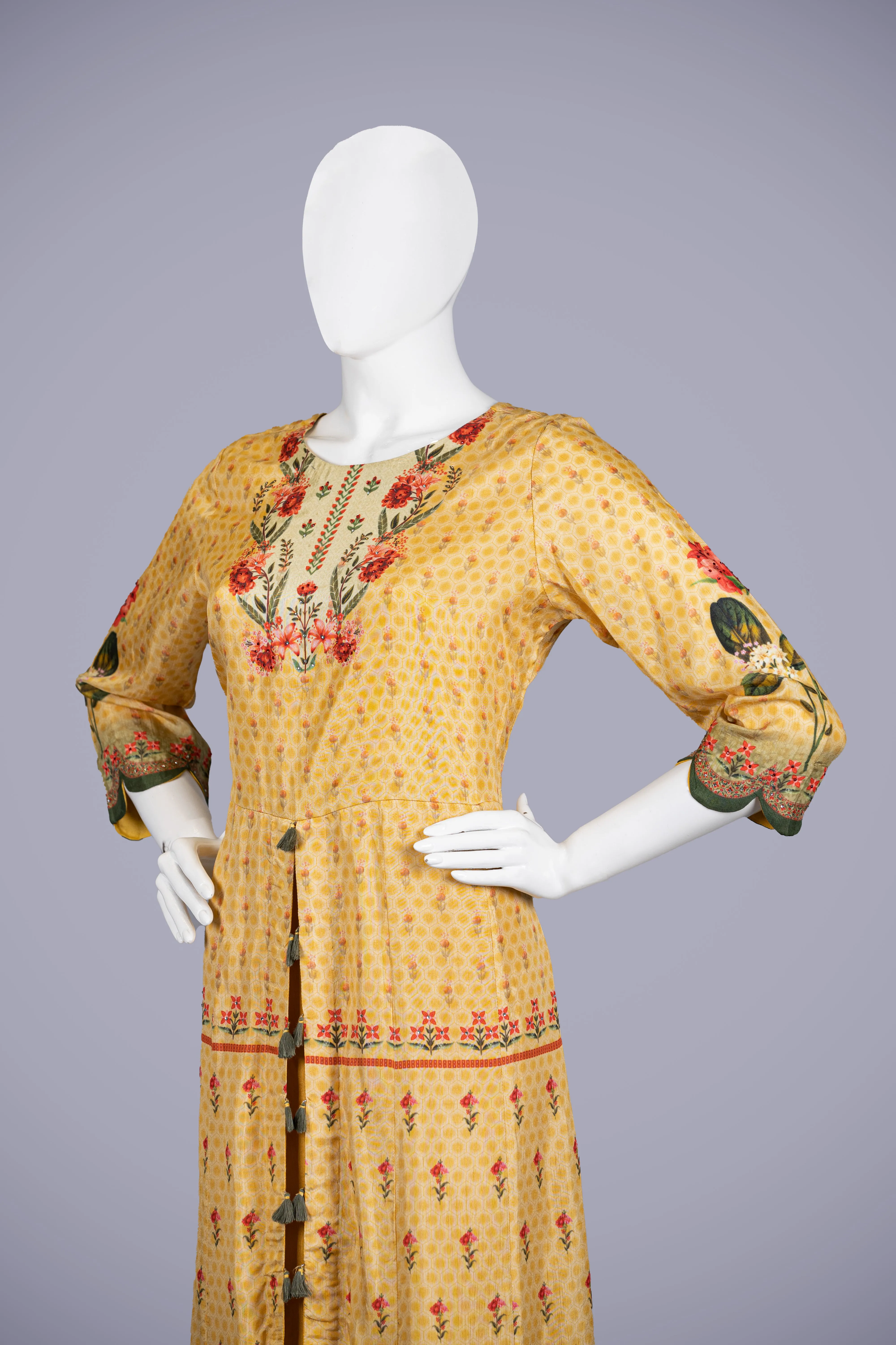 Yellow Kurti Top with Silk Fabric and Printed Work