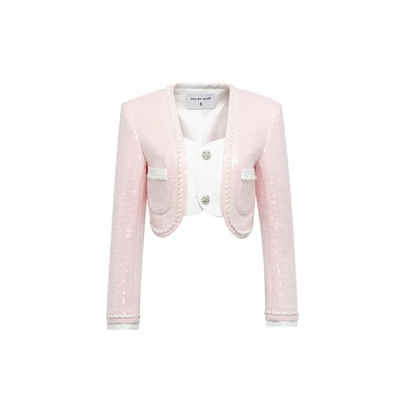 YES BY YESIR  elegant feminine pastel pink sequin skirt top jacket - Xenan