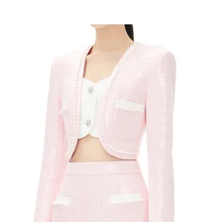 YES BY YESIR  elegant feminine pastel pink sequin skirt top jacket - Xenan