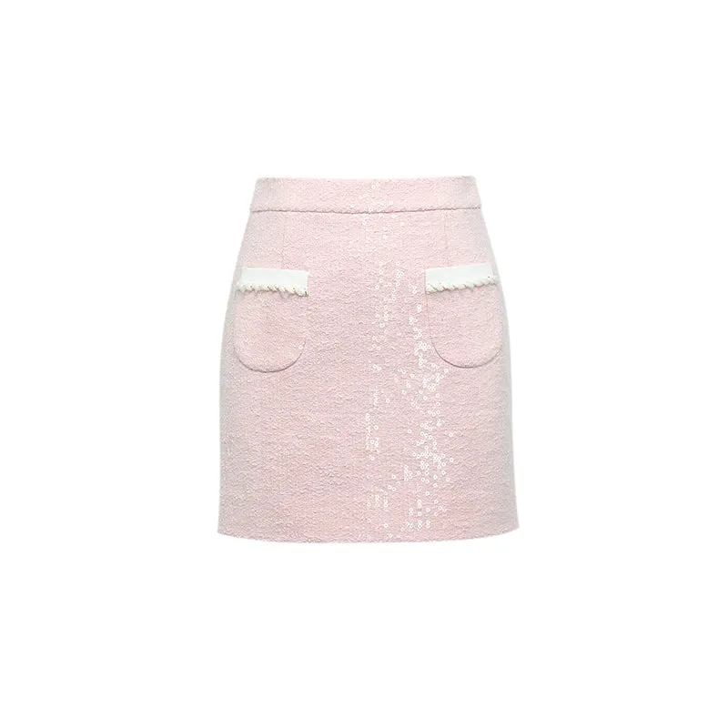 YES BY YESIR  elegant feminine pastel pink sequin skirt top jacket - Xenan