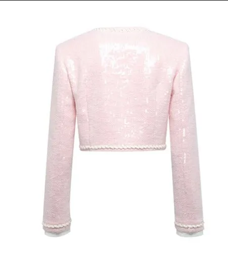 YES BY YESIR  elegant feminine pastel pink sequin skirt top jacket - Xenan